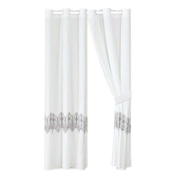 4-Piece Adonis Curtain Set Drape Sheer Liner|Square Greek Key Geometric Embroidery|White Purple Gray|Grommet