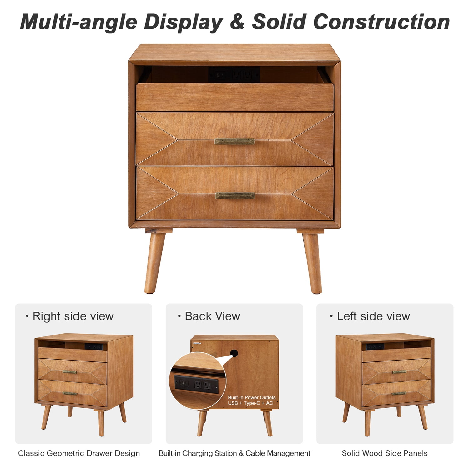 Hommoo 24" Mid-Century Modern Nightstand with Built-in Charging Station, Solid Wood & MDF Bedside Table, 2 Drawers & Open Shelf for Bedroom, Living Room or Home Office, Light Oak