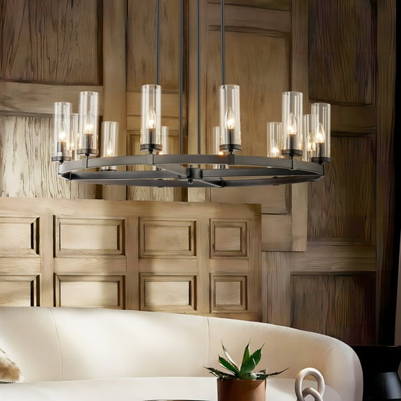 Rennnsan 12-Light Mid-Century Modern Gold/Black Clear Glass Large Wagon Wheel Chandelier for Dining Room/ Living Room Black