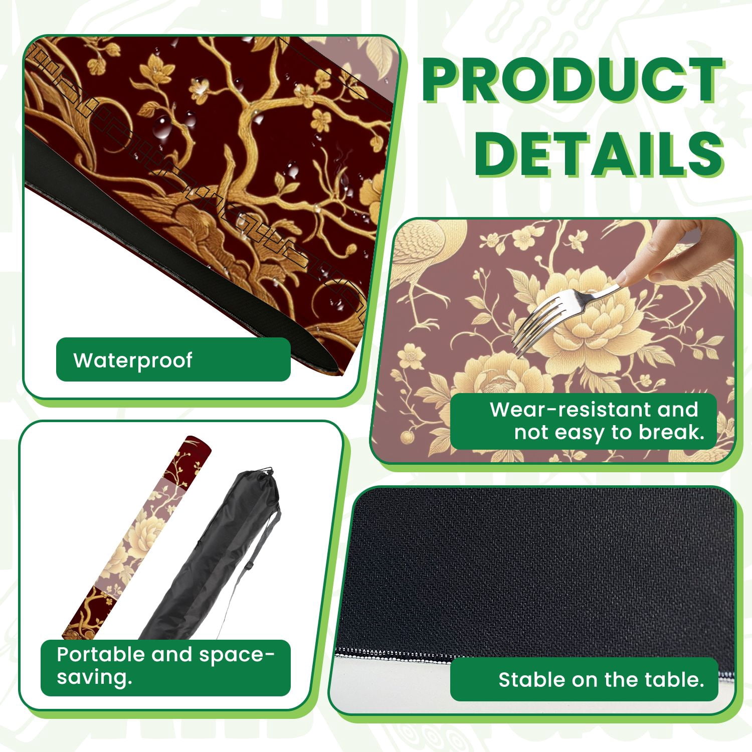 Mahjong Mat 31.5" x 31.5" Floral Embroidery Crimson Non-Slip Noise Reduction American Mahjong Tiles Table Cover for Dominoes Poker Card Board Games Gift