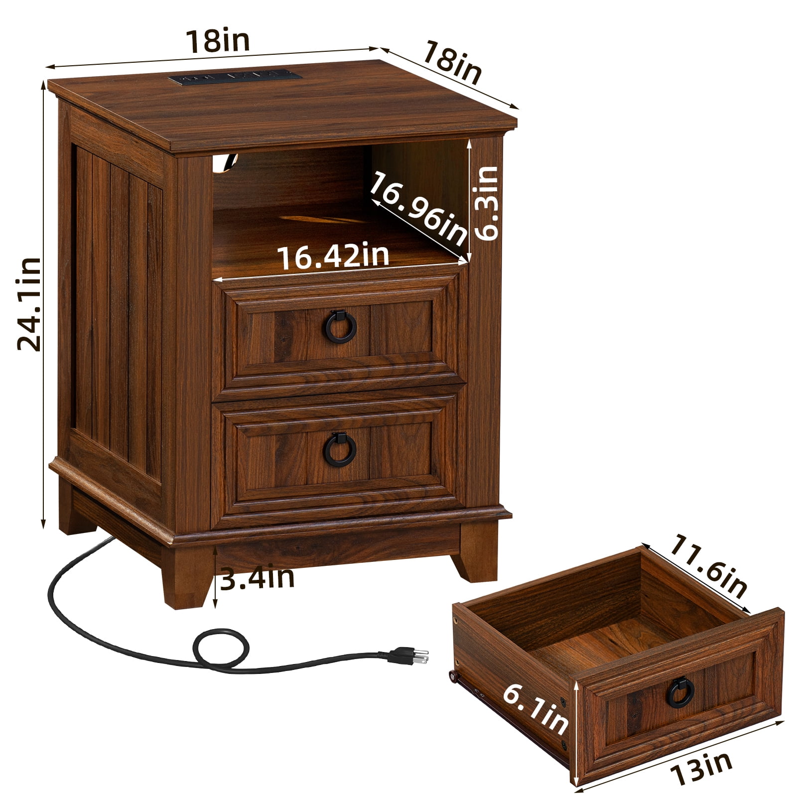 Joaxswe Nightstand with Charging Station Set of 2, Adult End Table Wooden Bedside Table with 2 Drawers for Living Room, Brown