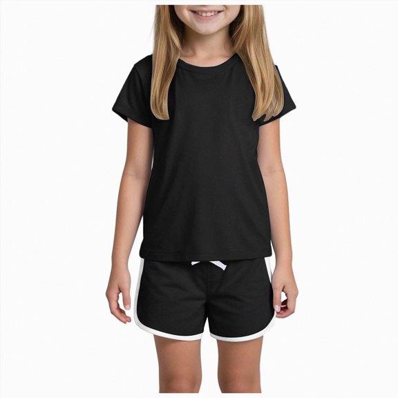 Hessimy Girls 2 Piece Outfits Summer Clothes Short Sleeve Tops and Shorts Set Cute Outfits,Cute Style(Black,5-6 Years)