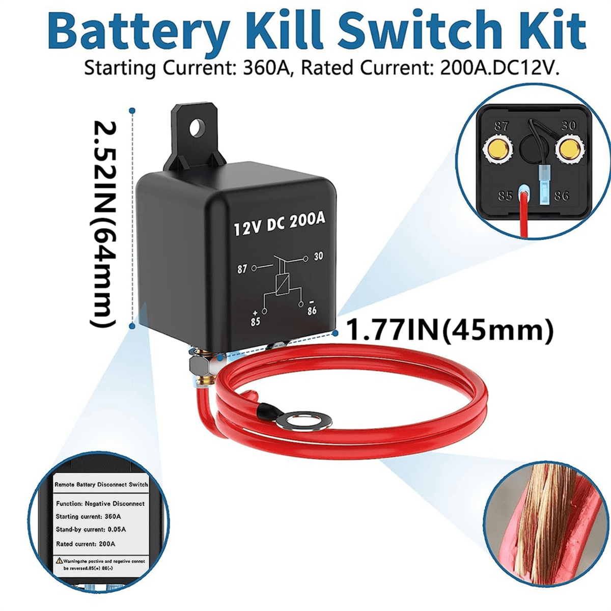 Remote Battery Disconnect Switch 200A 12V Top Post Negative Battery Shut Switch for Car RV Truck Vehicle,Battery