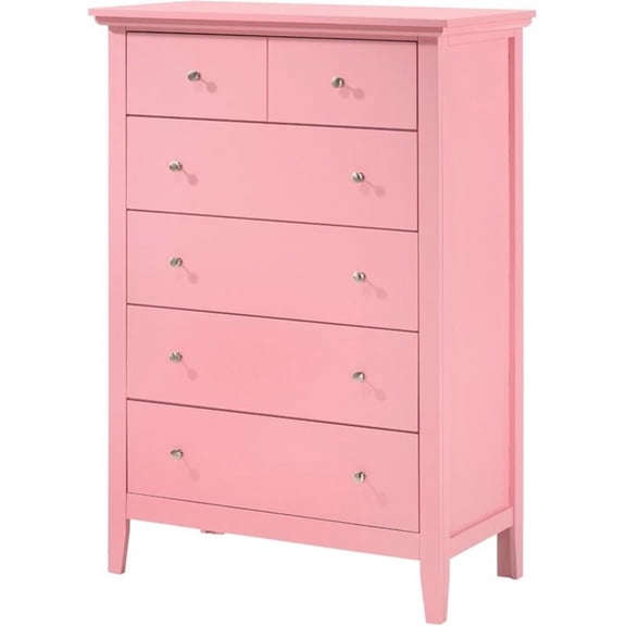 Maklaine Engineered Wood 5 Drawer Bedroom Chest in Pink Finish