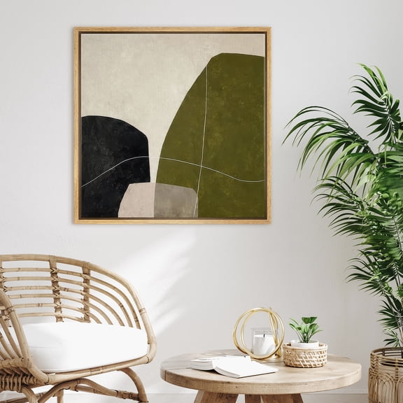 Framed Canvas Print Wall Art Minimalist Green and Beige Abstract Print Contemporary Artwork For Living Room Decor - 16"x16" NATURAL