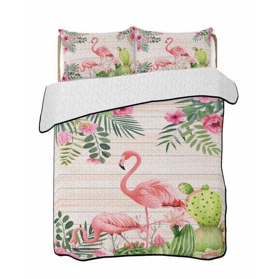 Quilts King Size Bedding Set, Pink Flamingos Lightweight Quilted Comforter, Summer Tropical Flowers Cactus Wooden Soft Reversible Bedspread Coverlet with Pillow Covers for All Season, 96" x 106"