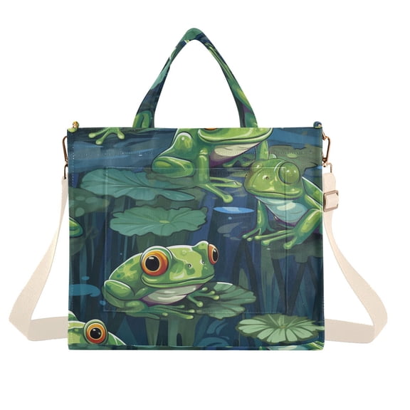 Frog Lotus Leaves Corduroy Tote Bag Handbag Large Messenger Bag Shoulder Crossbody Zipper Bag Purse