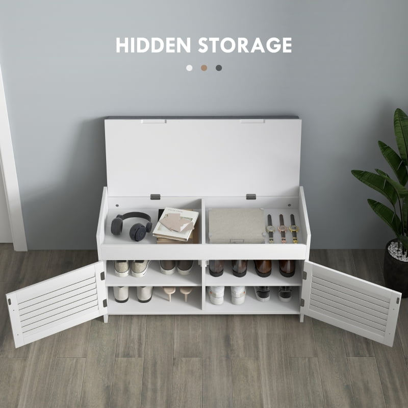 HOQBN Shoe Storage Bench, Modern Entryway Bench with Cushion, Hidden Compartments, Adjustable Shelves, and Shutter Doors, White