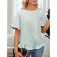 thumbnail image 4 of Women'S Round Neck Half-Sleeve Striped Loose Casual Shirt Ruffled Tops Green Stripes L, 4 of 7