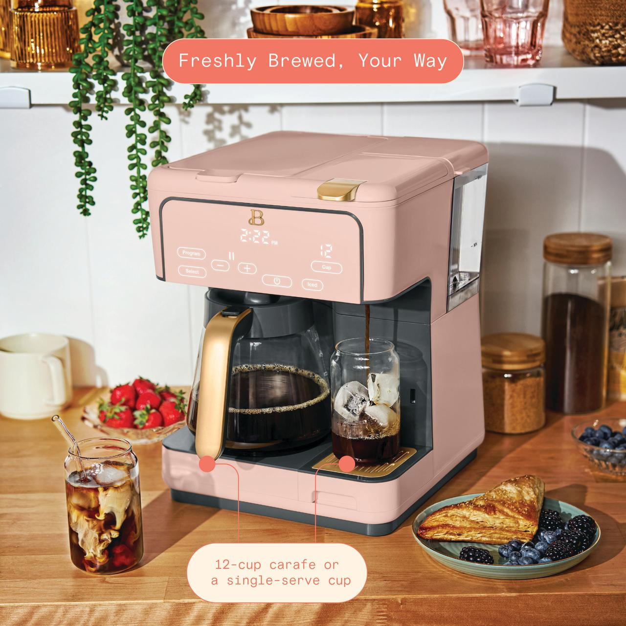 Beautiful Multi-Brew 12-Cup Programmable Drip & Single-Serve Coffee Maker, Rose by Drew Barrymore