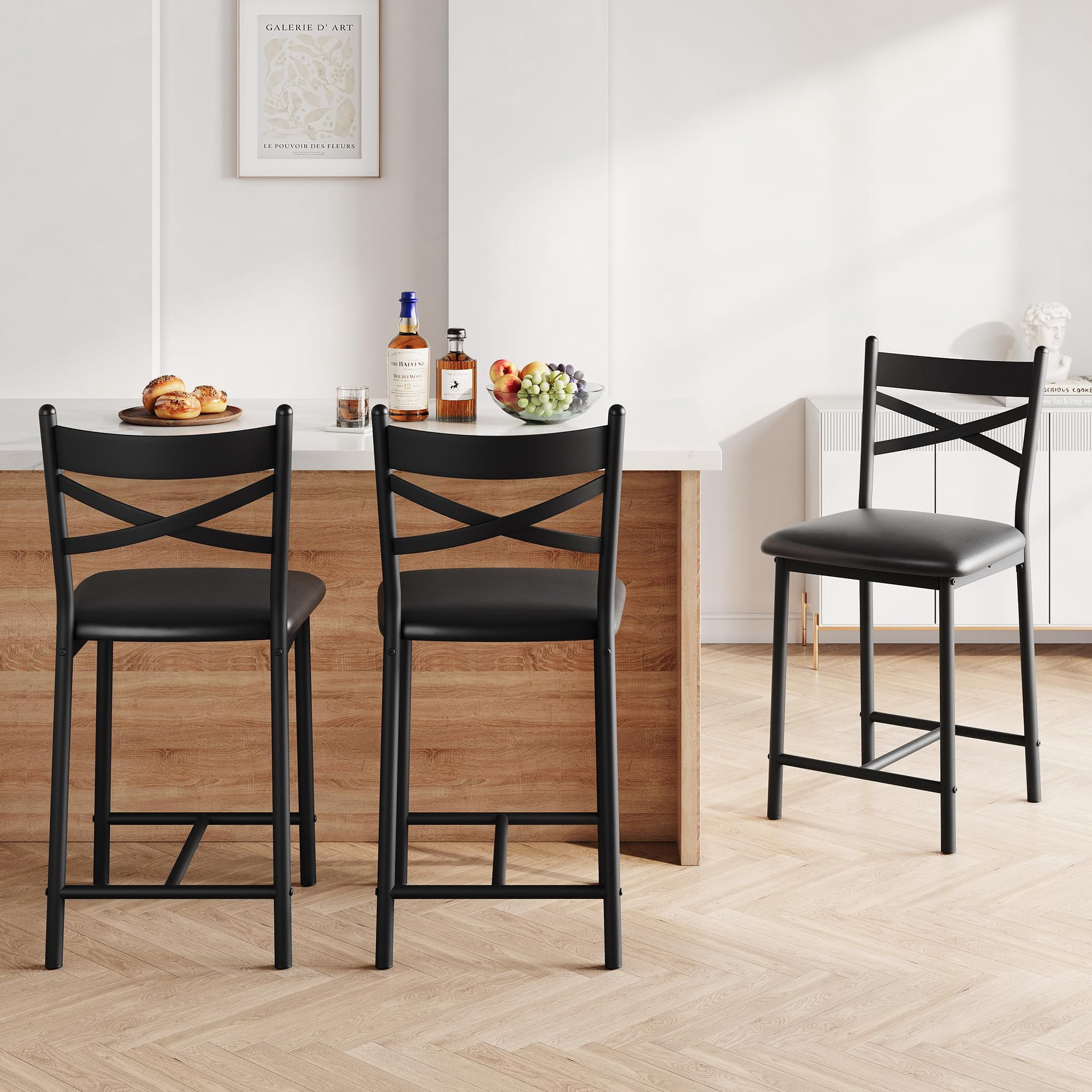 WildBreak 22 inch High Back Bar Stools Set of 4,Upholstered Bar Chairs with Back for Kitchen, Black