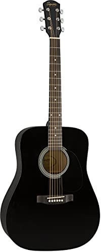 Fender Squier Dreadnought Acoustic Guitar with Gig Bag, Tuner, Strap, Strings, Picks, Instructional Book, DVD and Austin Bazaar, Black