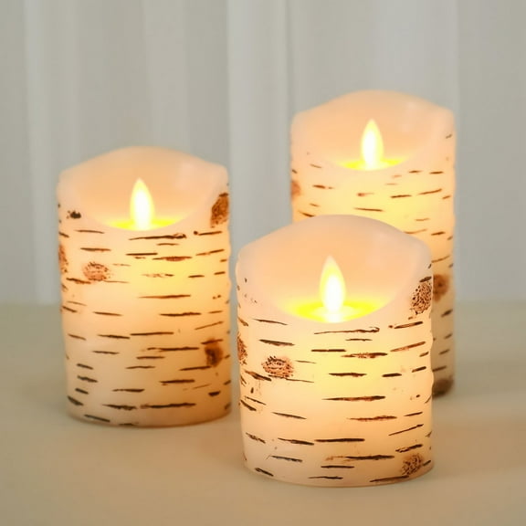 Efavormart Set Of 3 | Warm White Flameless Flicker LED Fireplace Pillar Candles, Burnt Birch Bark Design Battery Operated Candles With Remote Control
