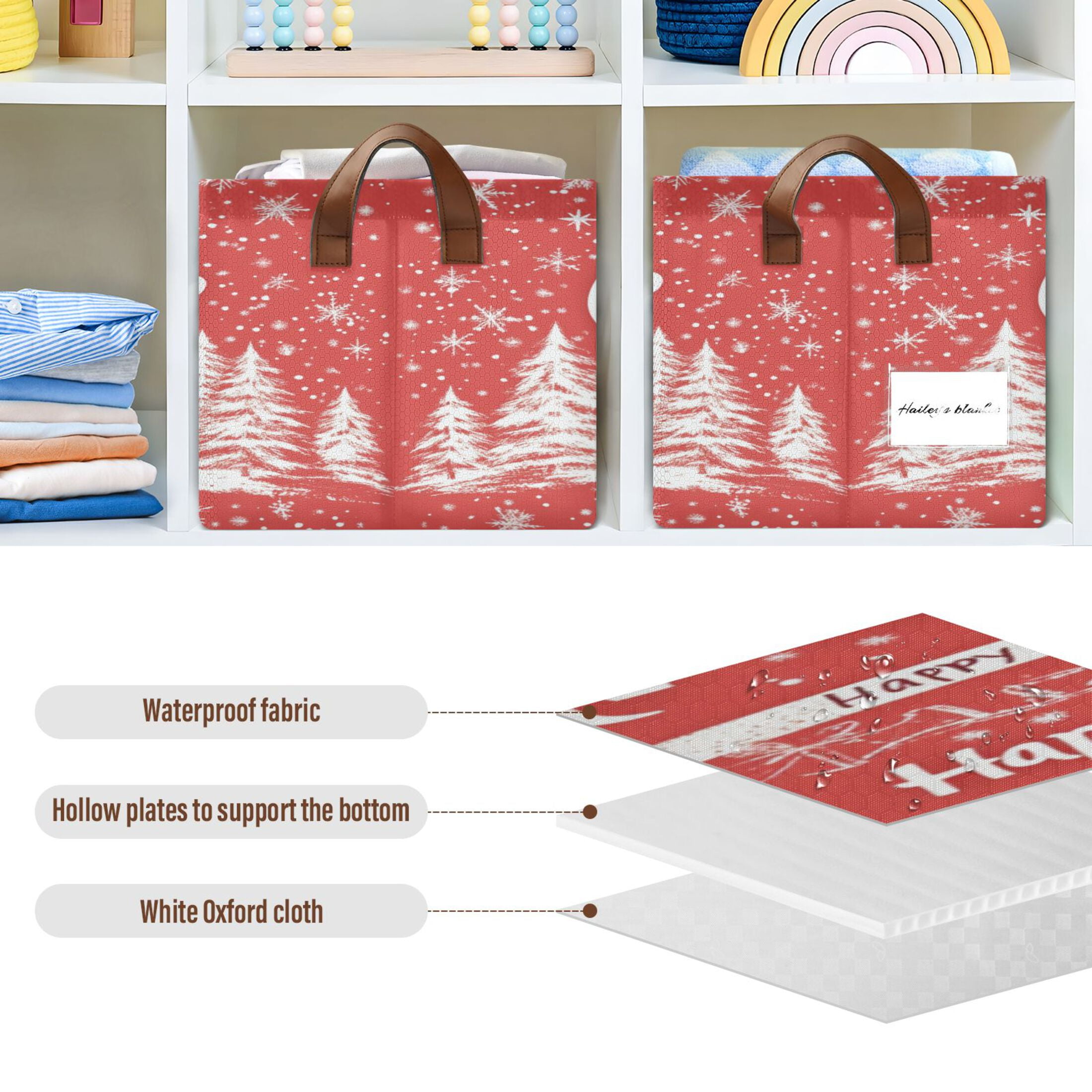 BZSMCE Collapsible Fabric Cube Storage Bins Simple Christmas Tree and Snowflake Design Pattern Storage Box