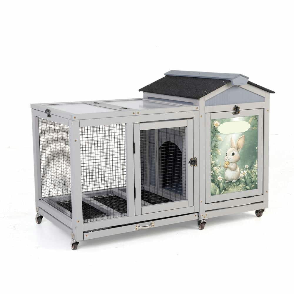 Yardi Yarda Wooden Rabbit Hutch, Small Animal House with Casters, Bunny Cage Pet House with Weatherproof Roof and Removable Tray for Rabbits, Ducks, Squirrels, and Guinea Pigs, Grey