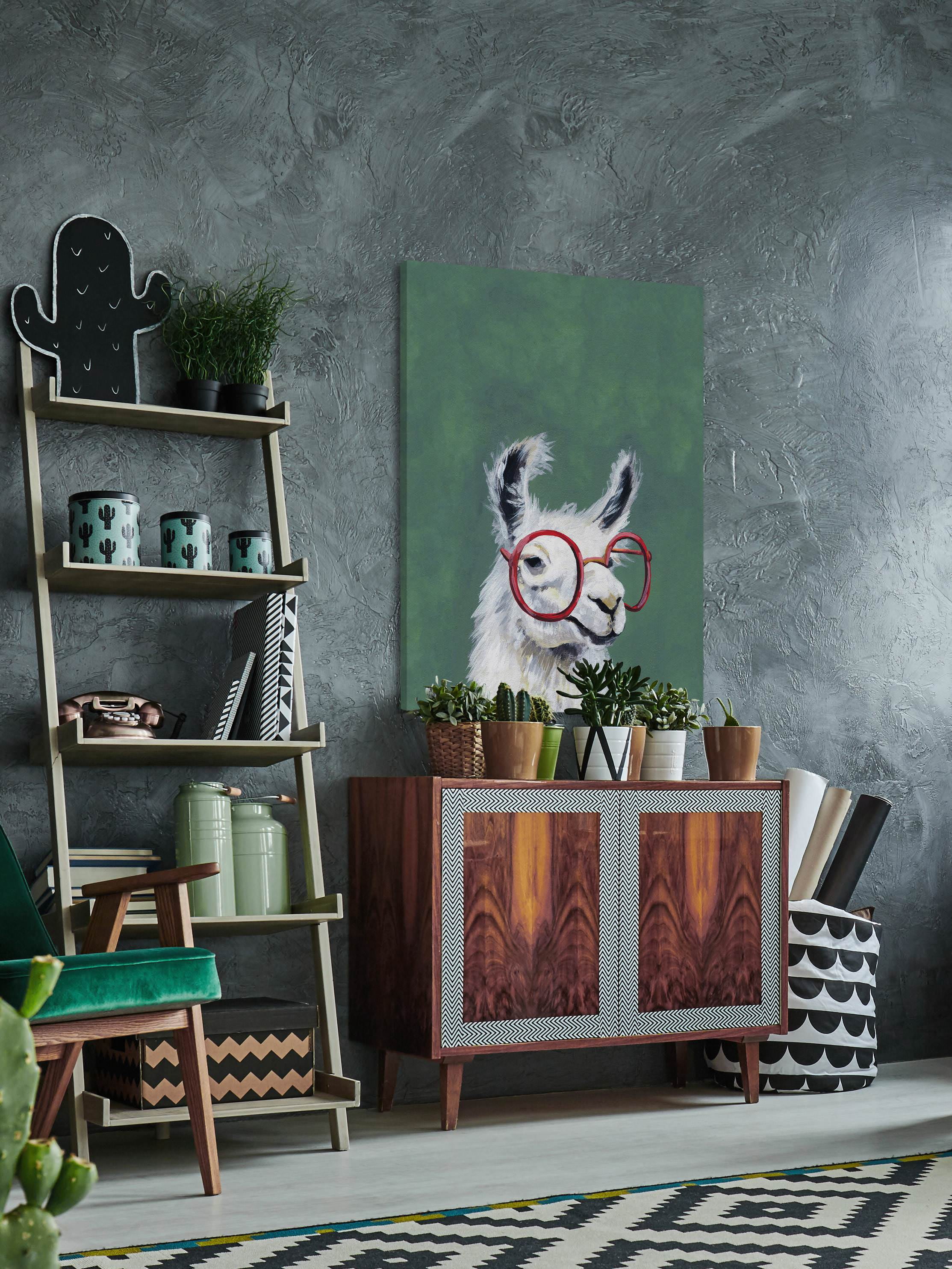Red Llama Glasses Painting Print on Wrapped Canvas