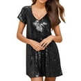 thumbnail image 1 of Vestido mini de manga corta con lentejuelas para mujer: vestido de fiesta brillante con purpurina, poliéster, cuello redondo, dobladillo con volantes, corte holgado, 1 of 6