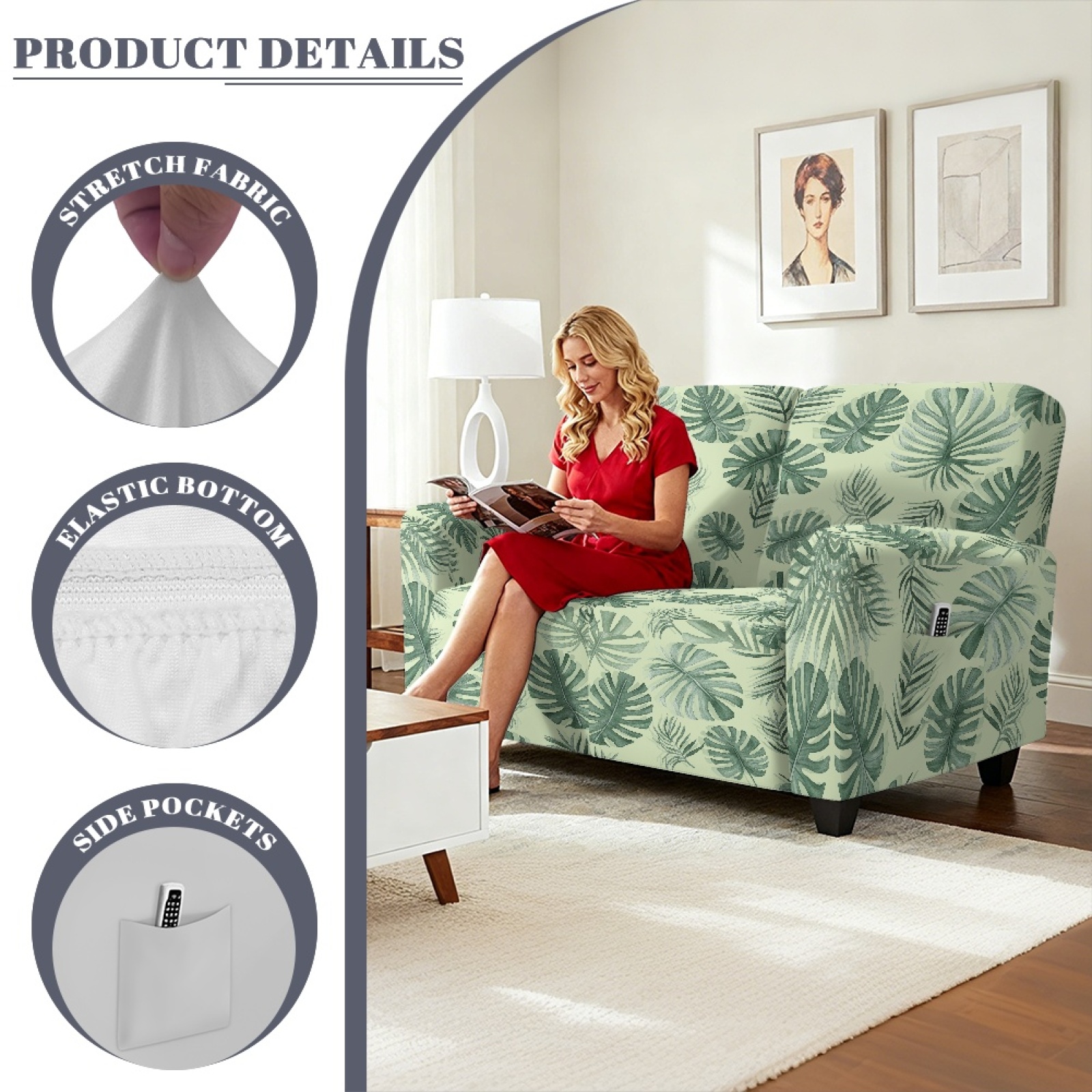 Xoenoiee Tropical Palm Leaves Print 6 Pieces Stretch Recliner Loveseat Covers Soft Reclining Couch Cover with Pockets Anti-Slip Sofa Slipcovers Fitted Furniture Protector for Pet Kid