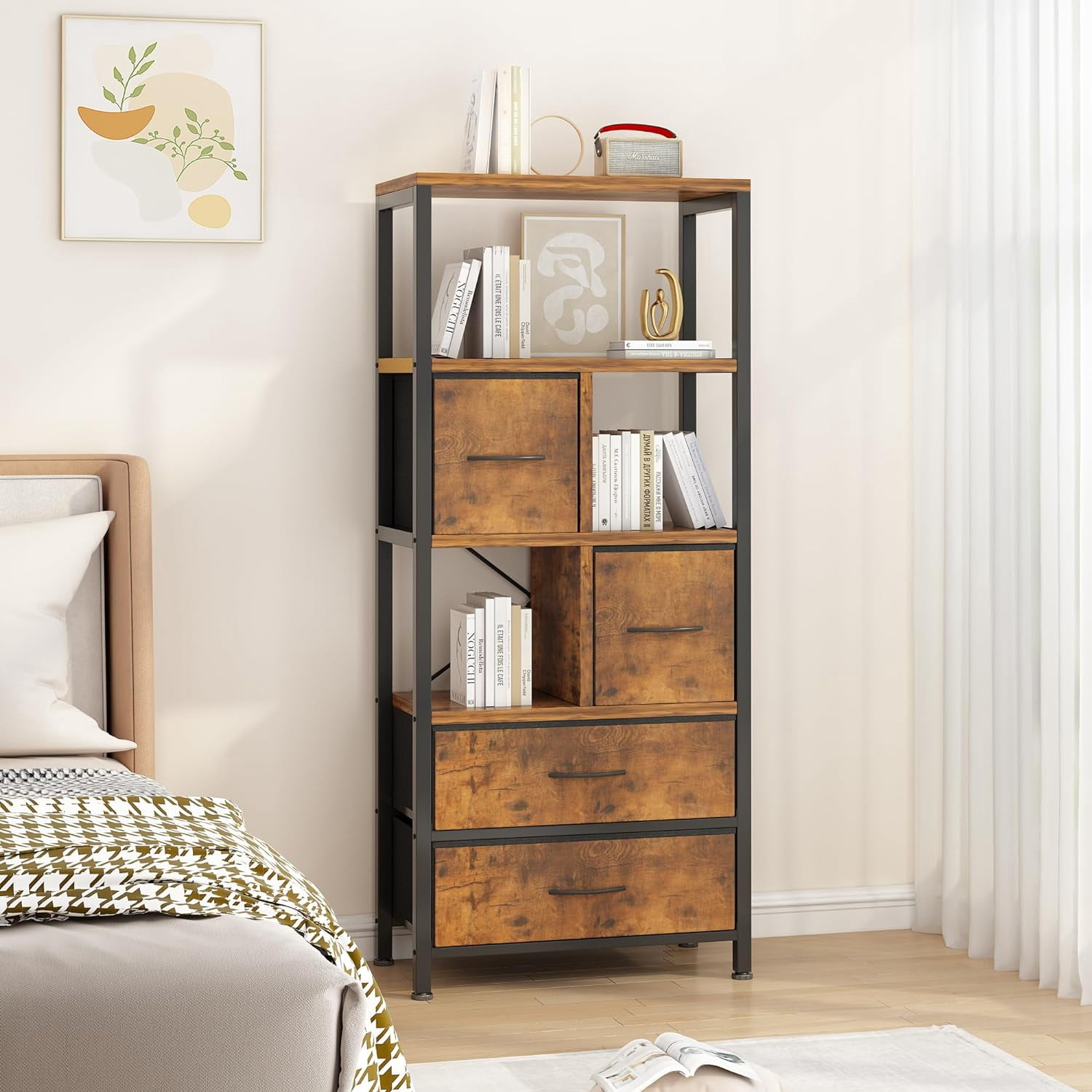Display Shelf, 5 Layers Cube Storage Organizer, Iron Frame Shelf Opening, Bookcase for Office, Storage Bins with 4 Fabric Drawers, Modern Open Bookcase, Multifunctional Display Shelf for Living Room