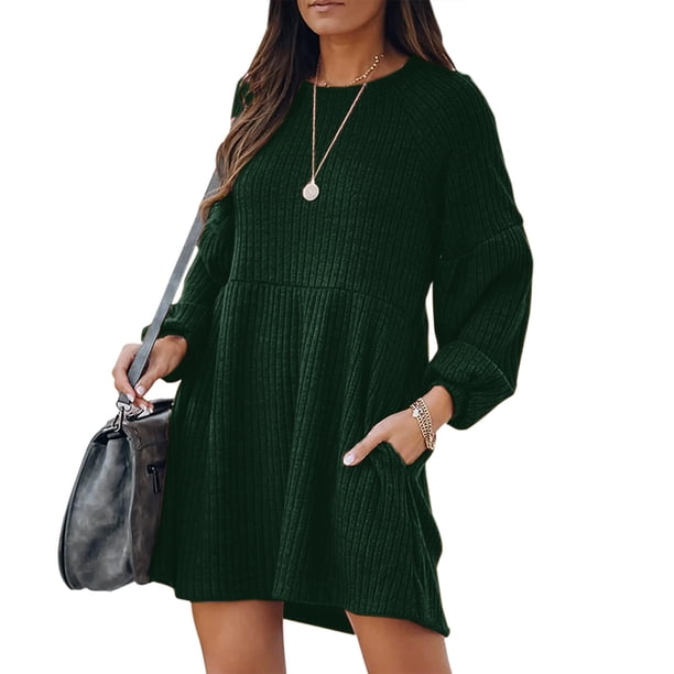ICHUANYI Liquidación Vestido de suéter de cintura media de punto sólido casual de manga larga vestido de cuello redondo ICHUANYI WER202308251209