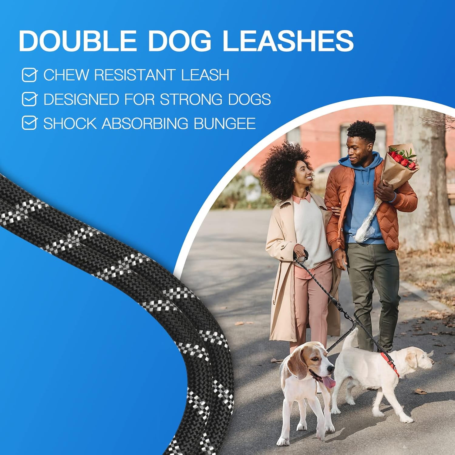 Double Dog Leash, Dual Dog Leash, 360° Swivel Tangle Free Bungee Walking Training for Large Medium Dogs, Shock Absorbing Bungee Reflective for Two Dogs, 18~121 lbs
