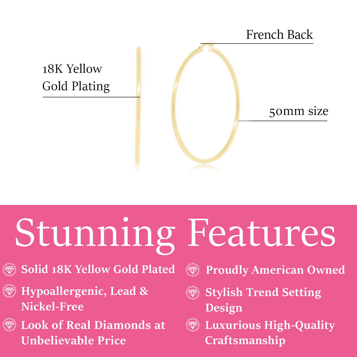 Cate & Chloe Monica 18k Yellow Gold Plated 50mm Hoop Dainty Earrings for Women, Gift for Her