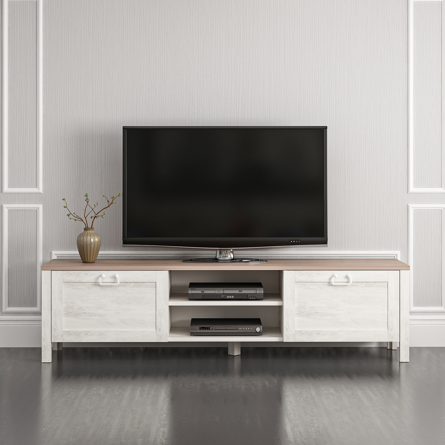 Minar Rustic White Tv Stand for 65 inch Tv, French Country Tv Unit with