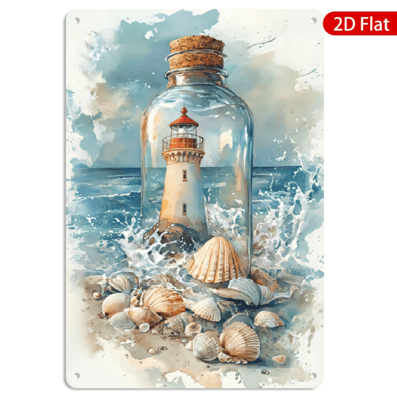 8x12 Inch Metal Wall Art, Lighthouse in Bottle Watercolor Design Vintage Decor 1pc for Beach House Living Room Wall Decoration