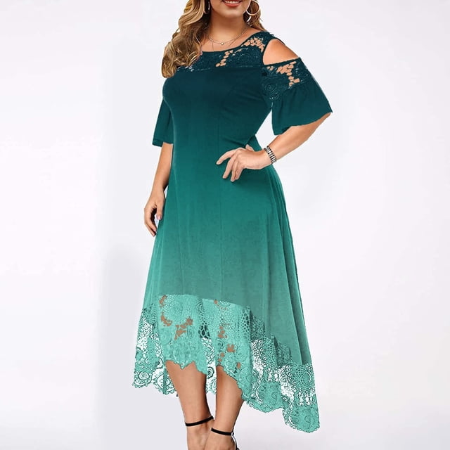 SMihono Robe d'Été pour Femmes Grande Taille Mode Décontractée Imprimée Col Rond Sexy Dentelle Manches Courtes Robe Ample