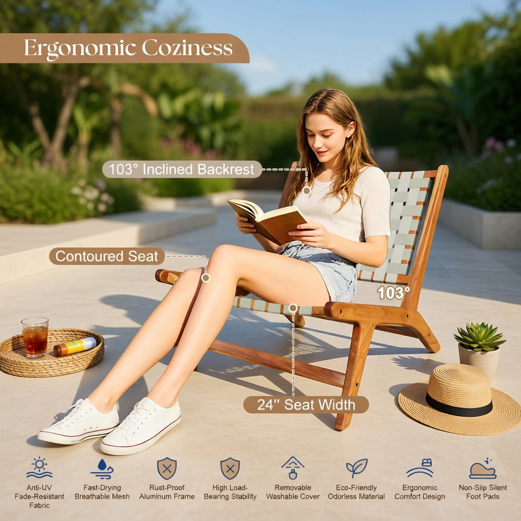 Hommoo Mid-Century Modern Teak Wood Outdoor Accent Chair with Breathable Nylon Webbing Seat, Wood & Gray Design, Indoor/Outdoor Use, Natural