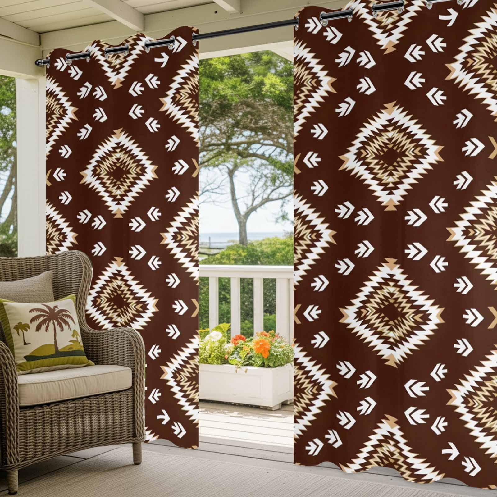 Dark Brown Rectangle Outdoor Curtains for Patio, Tribal Retro Classic Geometric Abstract Sunshade Privacy Drapes Grommet Waterproof Outside Curtains for Porch/Cabana/Balcony 54"x 108", 1 Panel