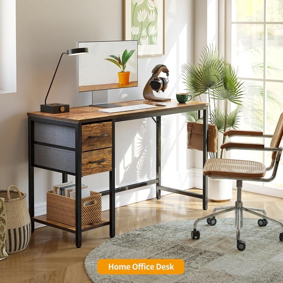 47 Inch Computer Desk with Drawers, Office Writing Table, Vintage Brown Study Desk with Storage Shelves and Metal Frame