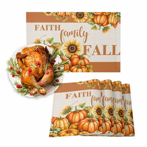 Fall Placemats Set of 6 Pumpkin Sunflower Place Mats Thanksgiving Placemat Autumn Harvest Fruit Table Mats for Dining Kitchen Table Holiday Dinner Party Home Fall Decorations 13x19 Inch