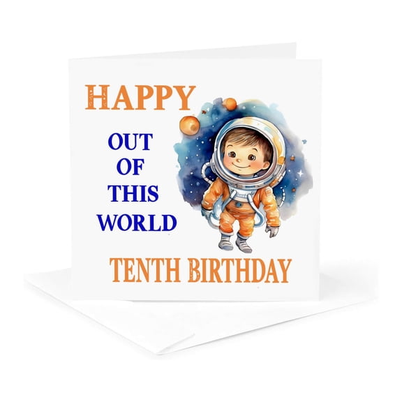 3drose, Cute Boy Astronaut Happy Out of This World 10th Birthday, 1 Greeting Card with Envelope