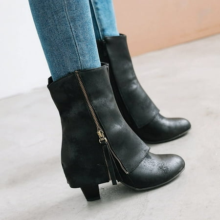 

HAOTAGS Women s Zipper Chunky Heel Mid Calf Boots Casual Shoes Black Size 41