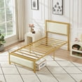 thumbnail image 3 of VECELO Twin Size Metal Bed Frame with Upholstered Headboard, Mattress Foundation Platform Bed with Nailhead, No Box Spring Needed, Beige, 3 of 7