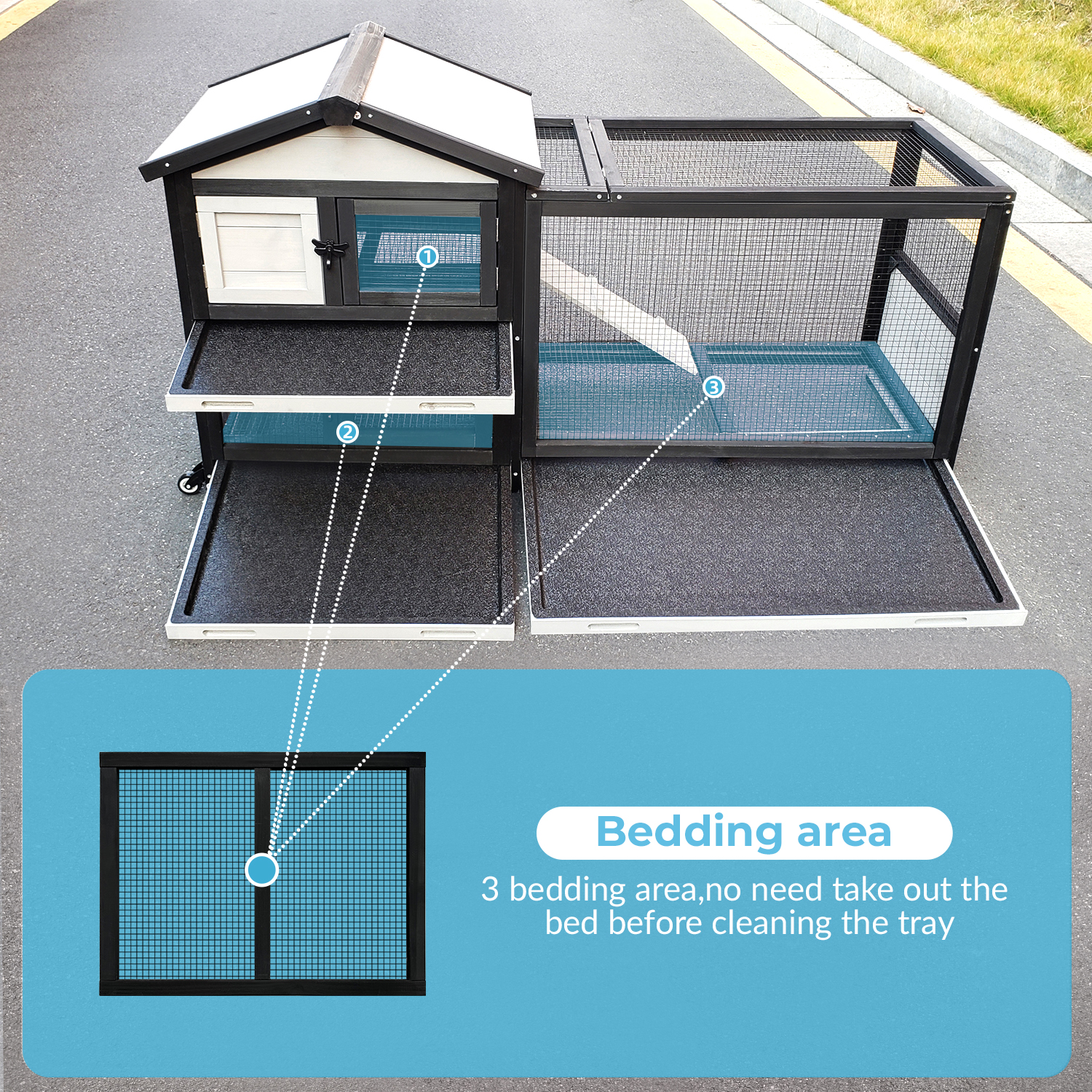 Two-Layer Outdoor & Indoor Rabbit Hutch with Waterproof Roof, Removable Wire Mesh bedding area and Ventilation - Wooden Bunny Cage for Rabbit, Chickens
