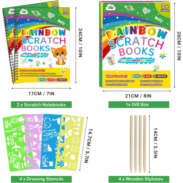 ZMLM 2Pack Rainbow Scratch Paper Notebook Magic Drawing Kit, Arts and Crafts for Kids Ages 6-8 ,8-12 Boys Girls Toys Gifts