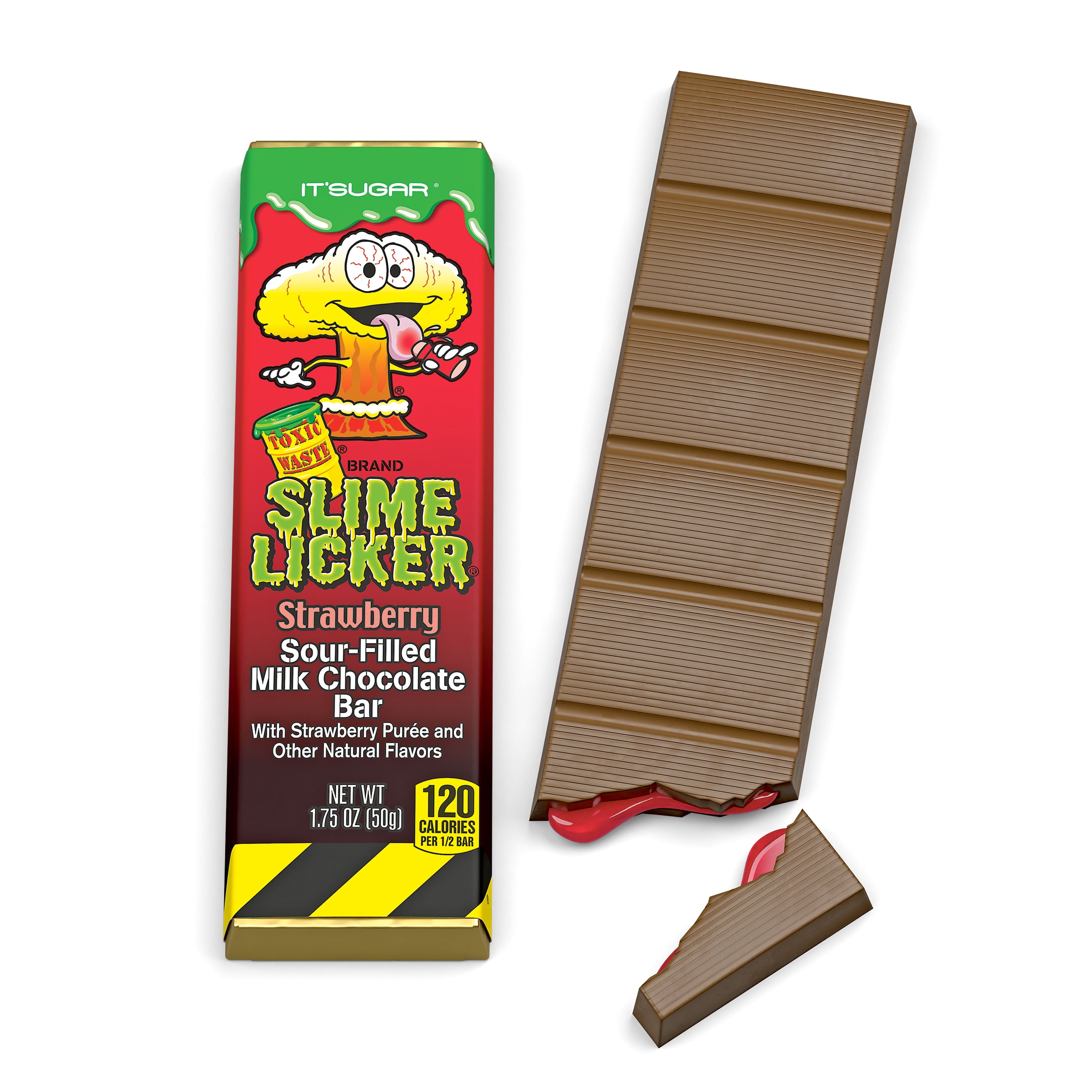Toxic Waste Slime Licker Strawberry Chocolate Bar, Sour Candy, 1.75 oz., Contains: Milk & Soy. May Contain Wheat, Peanuts, & Tree Nuts.