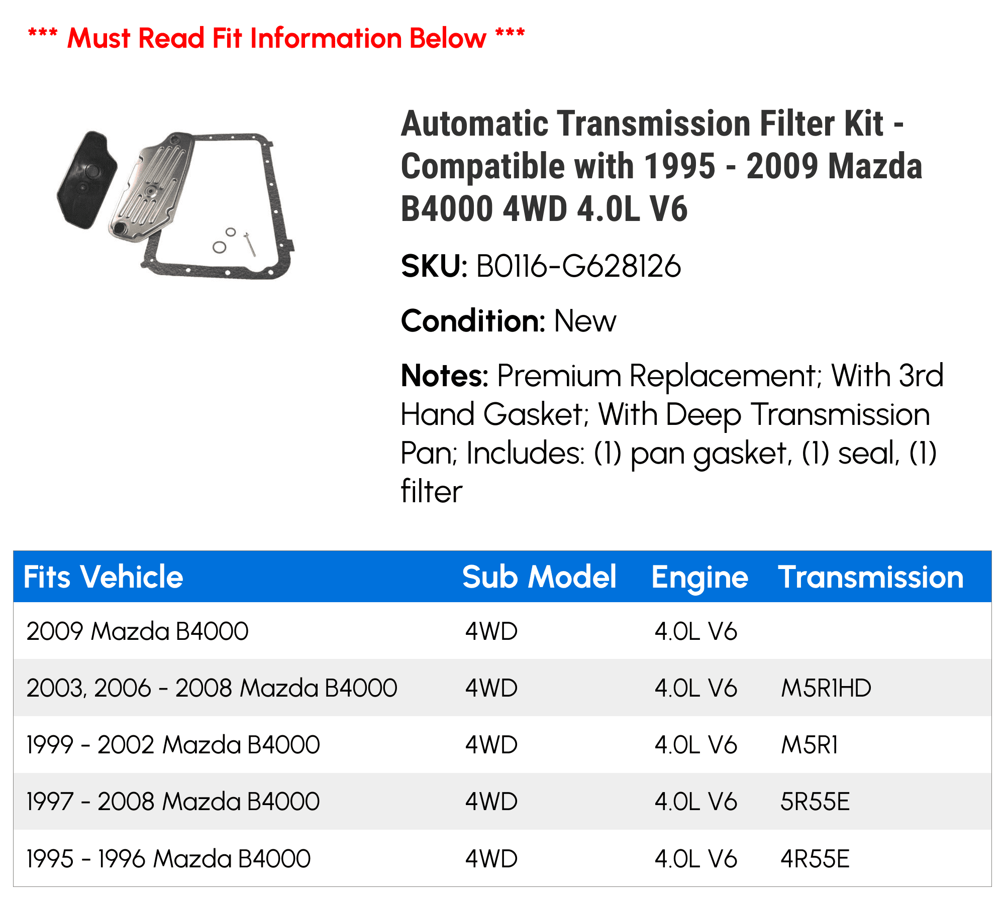Automatic Transmission Filter Kit - Compatible with 1995 - 2009 Mazda B4000 4WD 4.0L V6 1996 1997 1998 1999 2000 2001 2002 2003 2004 2005 2006 2007 2008