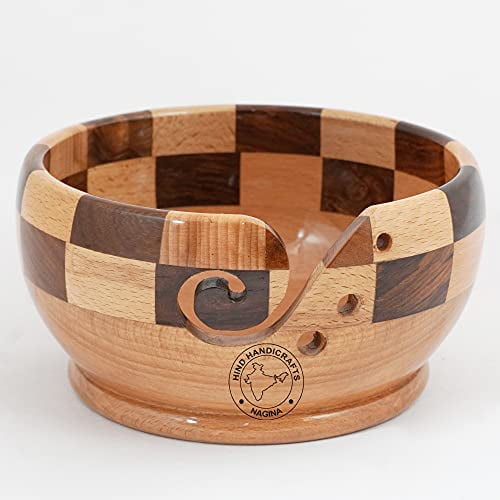 Hind Handicrafts Joint Multi Wood Wooden Portable Yarn Storage Bowl - Rosewood Solid Dark Handmade Crafted - Holder for Knitting Crochet Hook Accessories - BAG INCLUDED (6.5" x 6.5" x 3.5", Design-2)