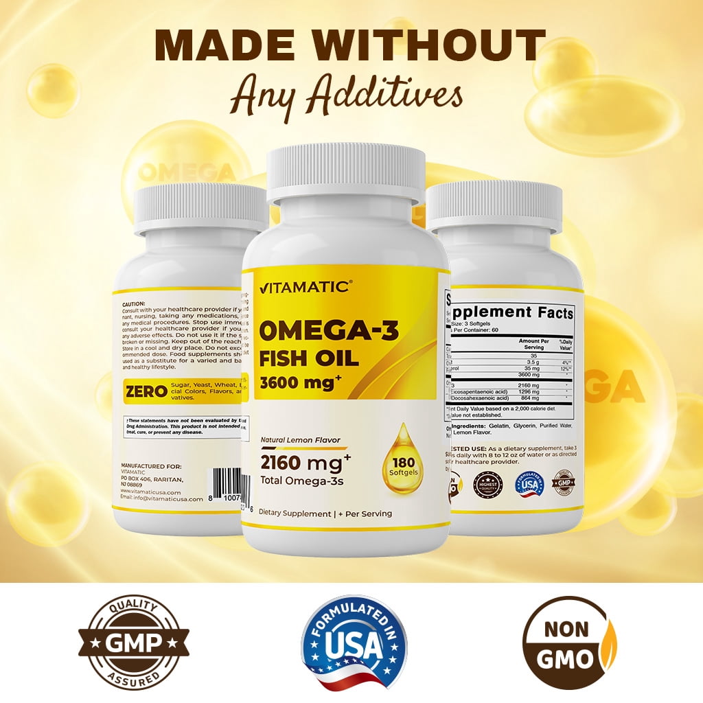 (2 pack) Vitamatic Triple Strength Omega 3 Fish Oil 3600mg Per Serving, 2160mg Omega 3 Fatty Acids, 1296mg EPA + 864mg DHA, Burpless Lemon Flavor, 180 Soft gels