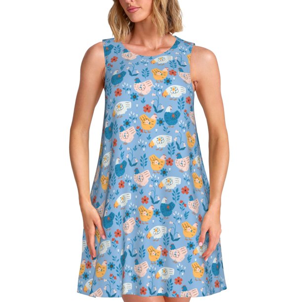 Disketp Cute Chickens and Flowers para Vestido sin Mangas para Mujeres, Vestidos de Verano para Mujeres, Casual y Holgado para la Playa