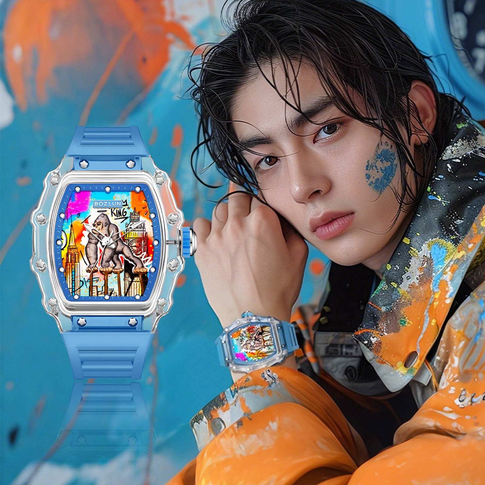 BOZLUN Men Watch Luxury Mechanical Watches self Winding, Luminous Waterproof 3D Dial Watches for Men Blue
