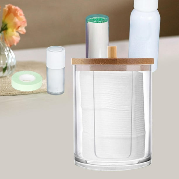 Recipiente de plástico para bastoncillos de oreja con dispensador de organizador de bambú para decoración de moderna pequeña ronda Salvador Bastoncillos de algodón acrílico