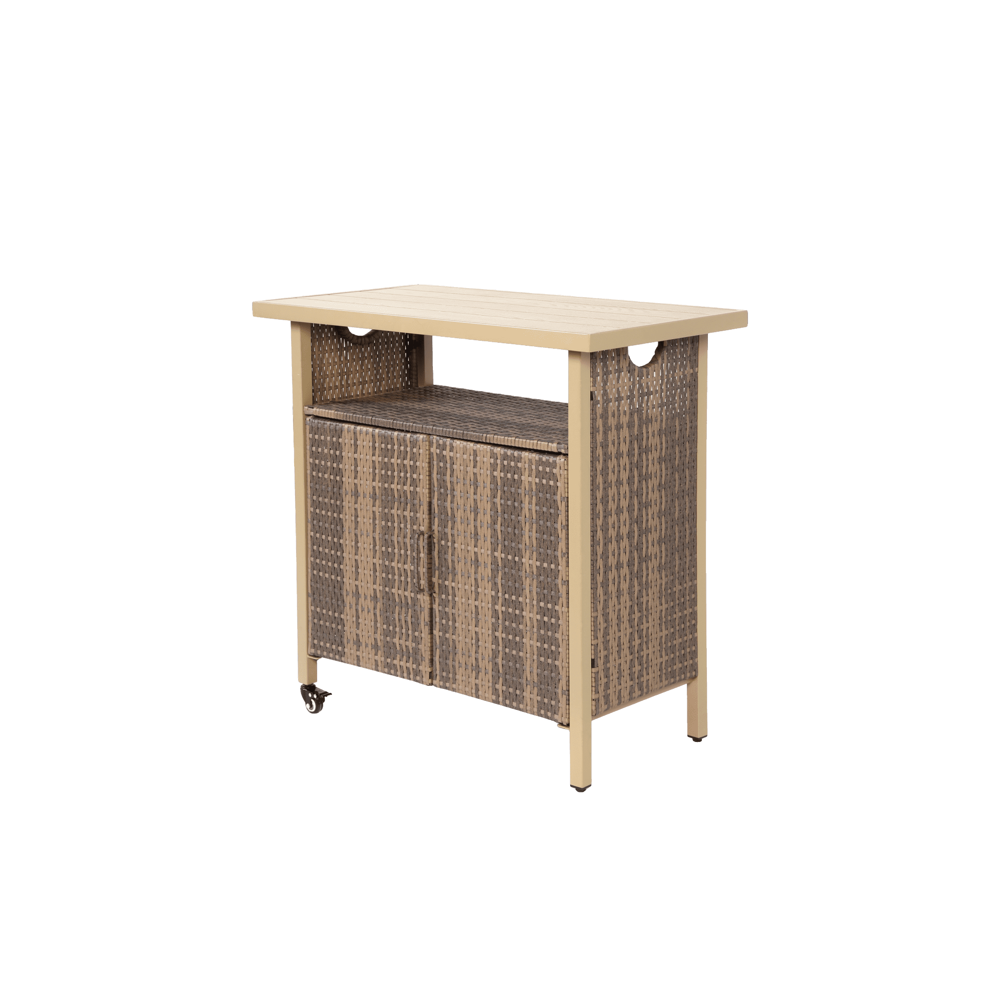 Leumius Outdoor Bar Cart, Rolling Rattan Beverage Bar Counter Table with Glass Top for Porch Backyard Garden Steel, Beige