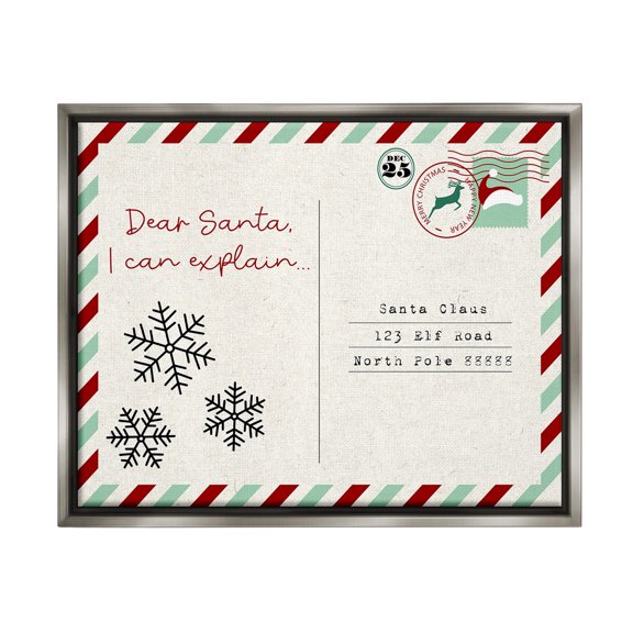 Stupell Industries Dear Santa Postcard Holiday Painting Gray Floater Framed Canvas Art Print Wall Art, 21 x 17