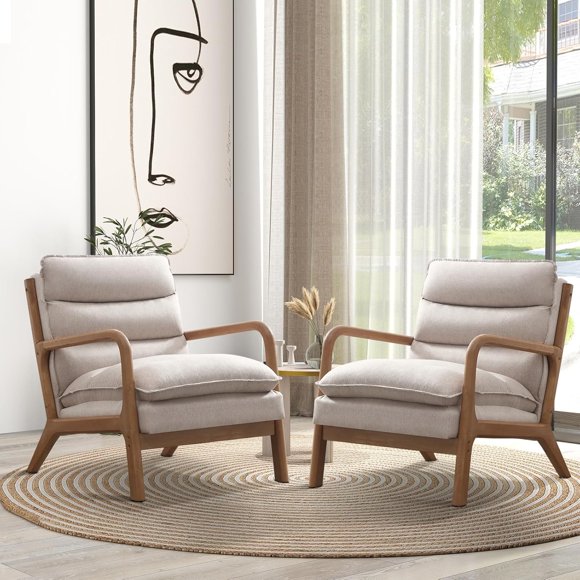 Bonzy Home Mid Century Modern Accent Chair Set of 2, Comfy Armchair with Lumbar Support Pillow, Upholstered Fabric Arm Chairs with Solid Wood Frame for Reading, Living Room, Bedroom, Beige