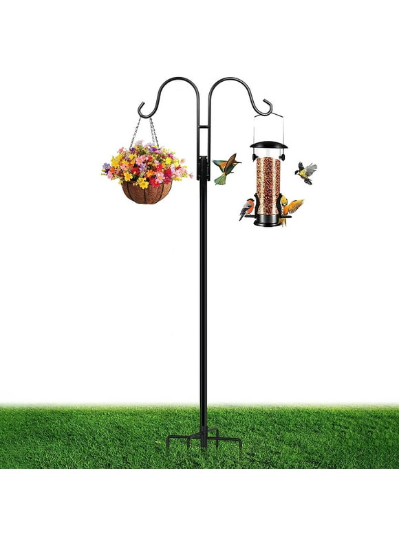 92 Inch Double Shepherds Hooks for Outdoor, Heavy Duty Bird Feeder Pole with 5 Base Prongs, Adjustable Garden Hanging Holder for Bird Feeders, Lanterns, Plant Hanger Stands, Weddings Decor