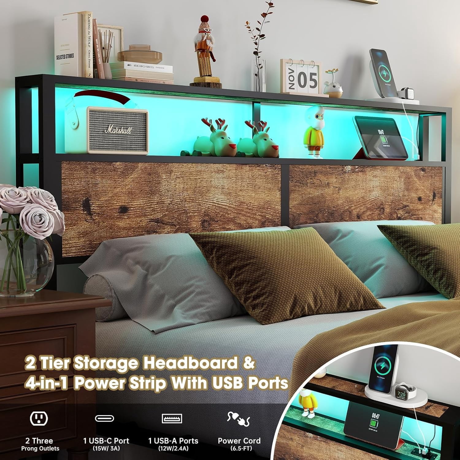 DRNANLIT King Size  Bed Metal Platform Bed Frame with LED Lights ，2 Tiers Storage Headboard,Charging Station,Noise Free, Easy Assembly,Vintage Brown